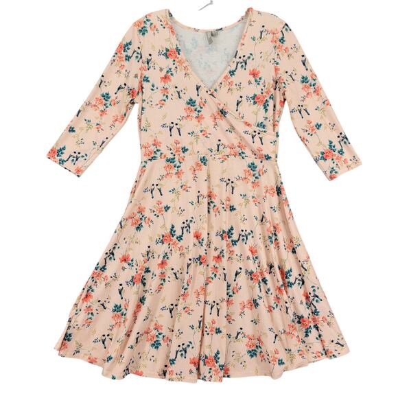 ASOS Dresses & Skirts - asos Pink Dress Stretch Midi Floral 3/4 Sleeves Aline Casual V-Neck Women Size 6